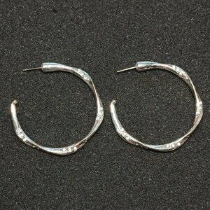 Silver Tone Hoop Earrings 2” Diameter Textured Curved CZ Accents 14.6g